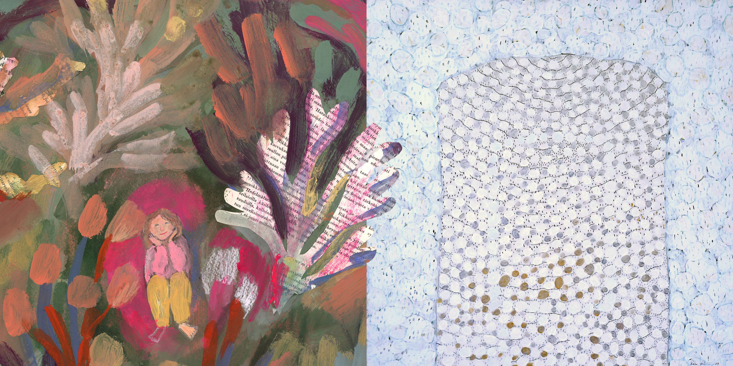 Vas. yksityiskohta Saara Vallinevan teoksesta Salainen paikka (2025. 76 x 56 cm, sekatekniikka paperille). Oikealla Saara Pylvänäisen Talven portteja III (2007, akryyli ja tussi kankaalle, 100,5 x 100 cm, Beda, Katri ja Aune Heralan säätiö). Kuvat: Saara Vallineva ja SM / JT.