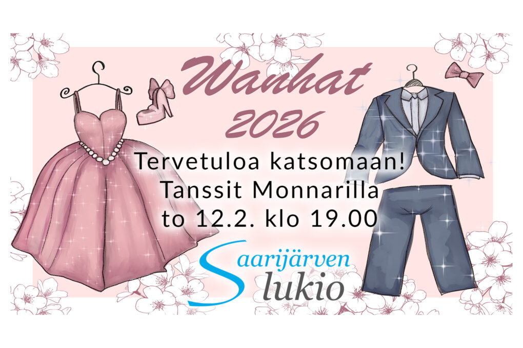 Saarijärven lukion wanhojen tanssit mainos, kuvassa vanhoja juhlavaatteita