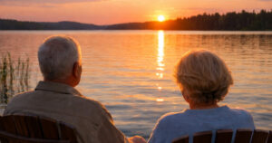 seniori pariskunta katselevat auringonlaskuun laiturilla