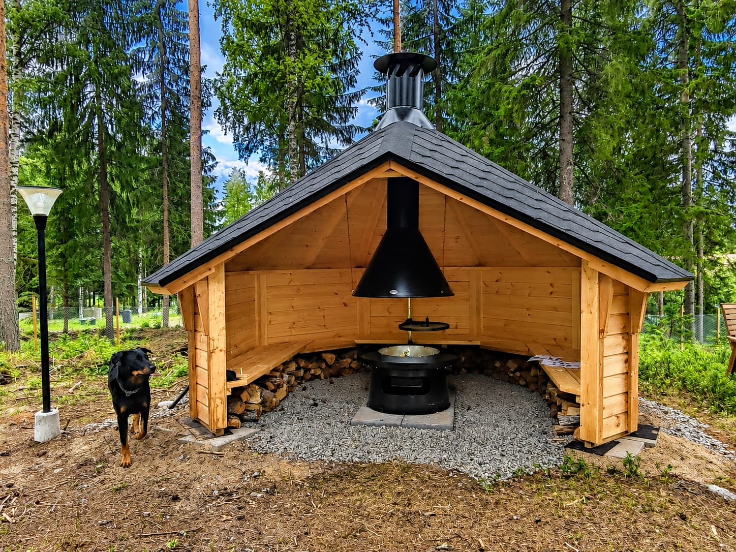 Koirametsässä laavu, jonka vieressä koira