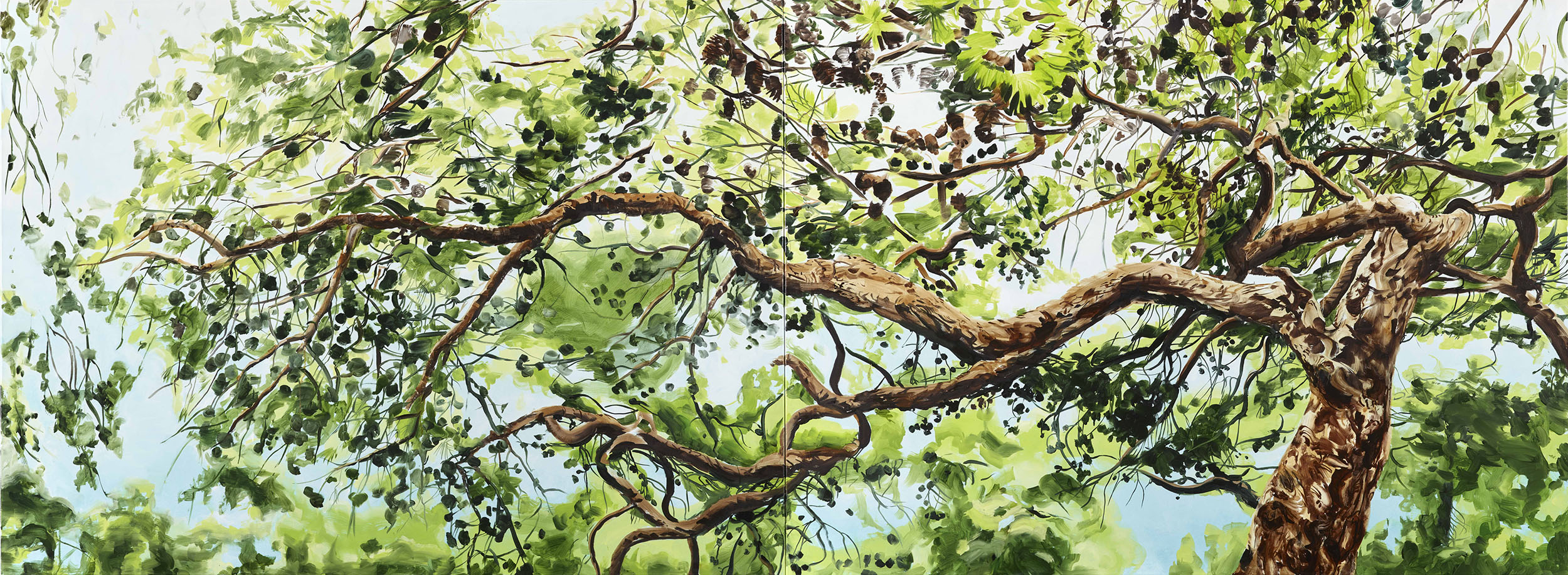 Tamara Piilolan teos Muiston pysyvyys (2020, 150 x 360 cm, öljy ja tempera kankaalle). Kuva: Tamara Piilola.